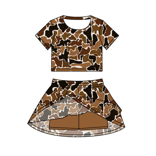 GSD2731 Baby Girls Short Sleeves Dark Brown Camo Top Skorts Set Set Preorder