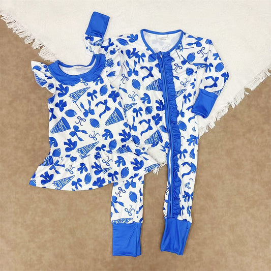 Go Team Blue Color Bow Football Team Dress and Romper