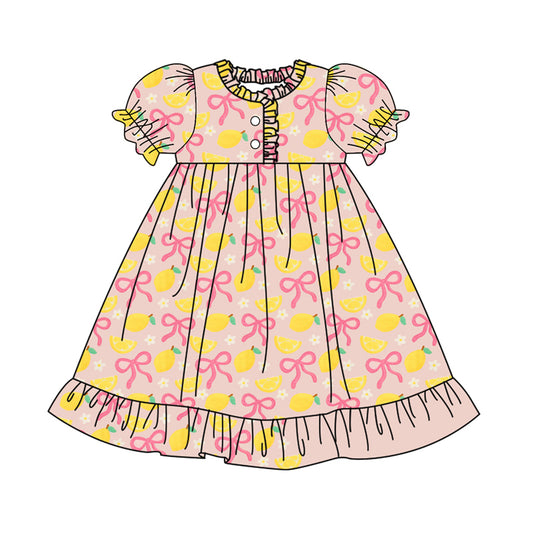 GSD2812 Kids Girls Lemon Pink Bow Short Sleeve Dress Preorder