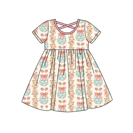 GSD2813 Kids Girls Easter Flowers Egg Print Short Sleeve Dress preorder