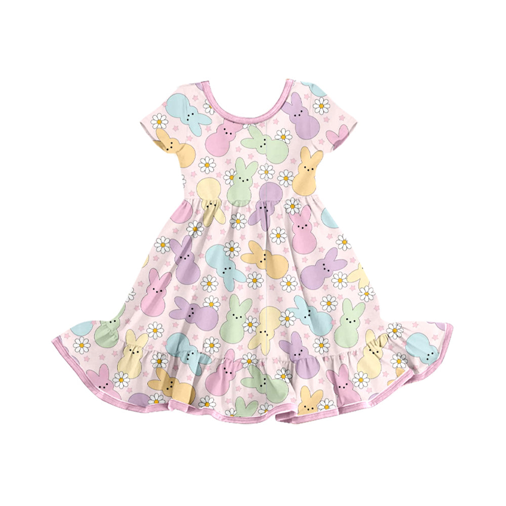 GSD2826 Kids Girls Easter Colorful Bunny Flowers Short Sleeve Dress Preorder