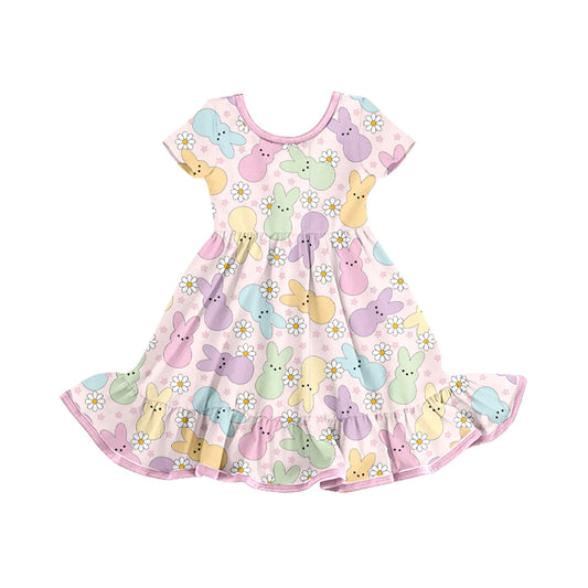 GSD2826 Kids Girls Easter Colorful Bunny Flowers Short Sleeve Dress Preorder