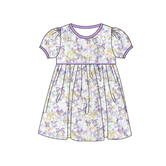 GSD2828 Kids Girls Mard Gras Purple Bow Short Sleeve Dress Preorder