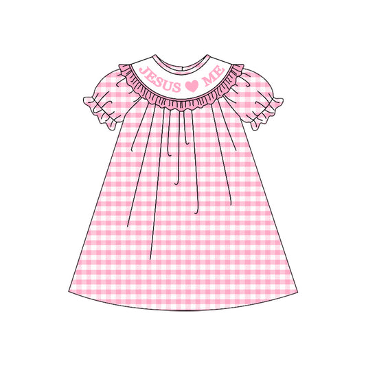 GSD2846 Baby Girls Jesus Love Me Pink Gingham Short Sleeve Dress Preorder