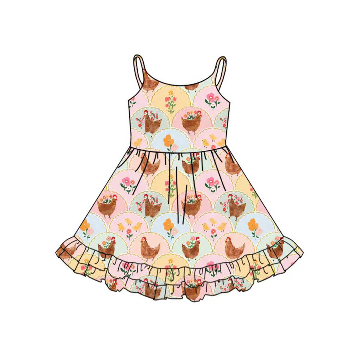 GSD2855 Kids Girls Chicken Flowers Straped Dress Preorder