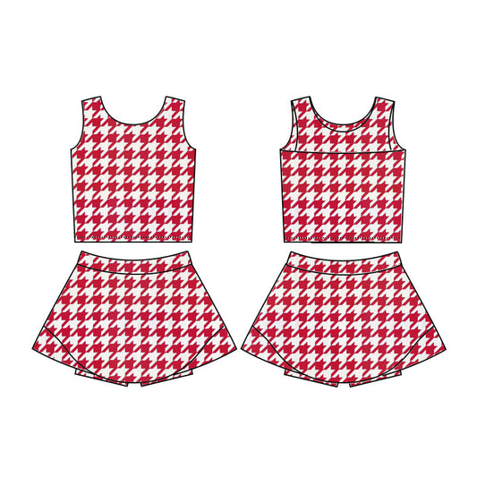 GSD2857 Kids Girls Red Houndstooth Yoga Skort Set Preorder