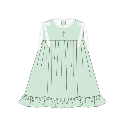 GSD2860 Baby Girls Green Polka Dot Cross Sleeveless Dress Preorder