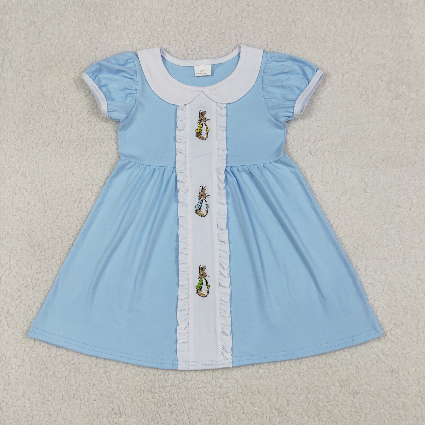 Sibling Baby Girls Embroidery Rabbits Blue Short Sleeve Dress/Romper