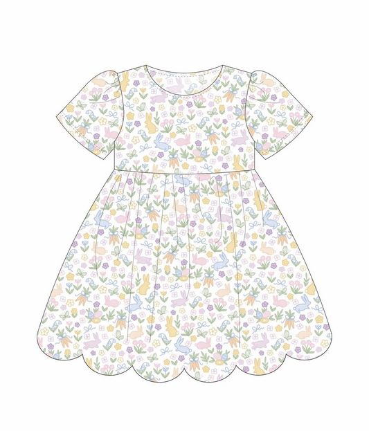 GSD3173 Baby Girls Easter Flower Bunny Short Sleeve Dress