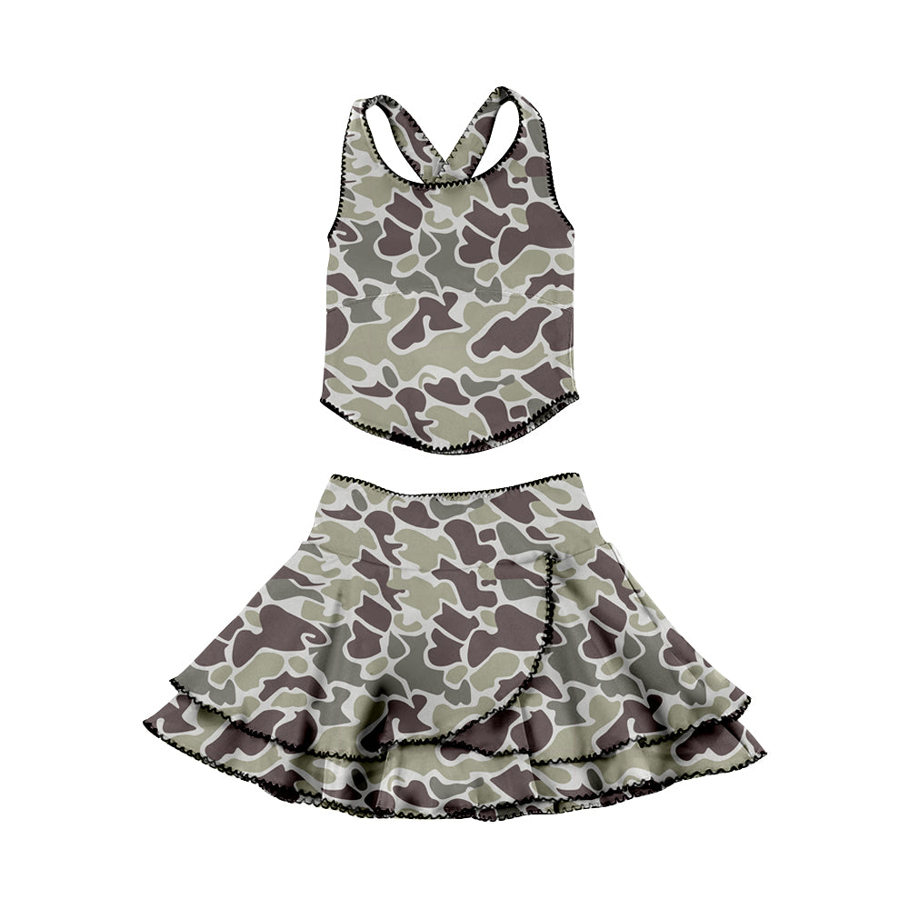 GSD3352 Baby Girls Grey Camo Sleeveless Top With Ruffle Skirt Set Active Yoga Set Preorder