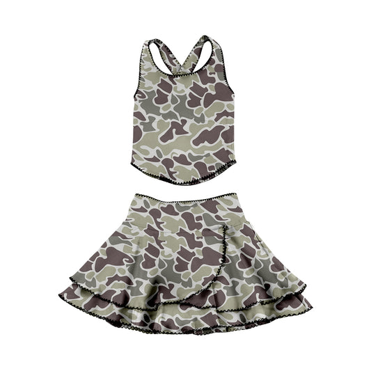 GSD3352 Baby Girls Grey Camo Sleeveless Top With Ruffle Skirt Set Active Yoga Set Preorder