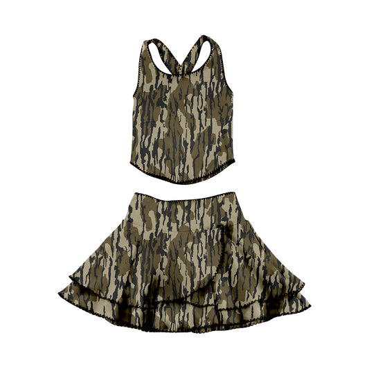 GSD3353 Baby Girls Bottonlamd Camo Sleeveless Top With Ruffle Skirt Set Active Yoga Set Preorder