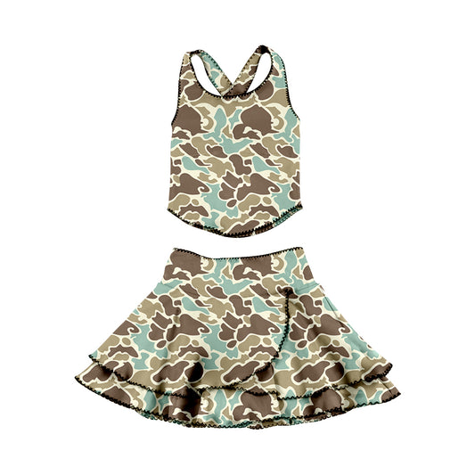 GSD3355 Baby Girls Blue Camo Sleeveless Top With Ruffle Skirt Set Active Yoga Set Preorder