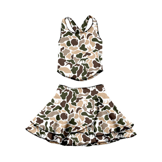 GSD3357 Baby Girls khaki Camo Sleeveless Top With Ruffle Skirt Set Active Yoga Set Preorder