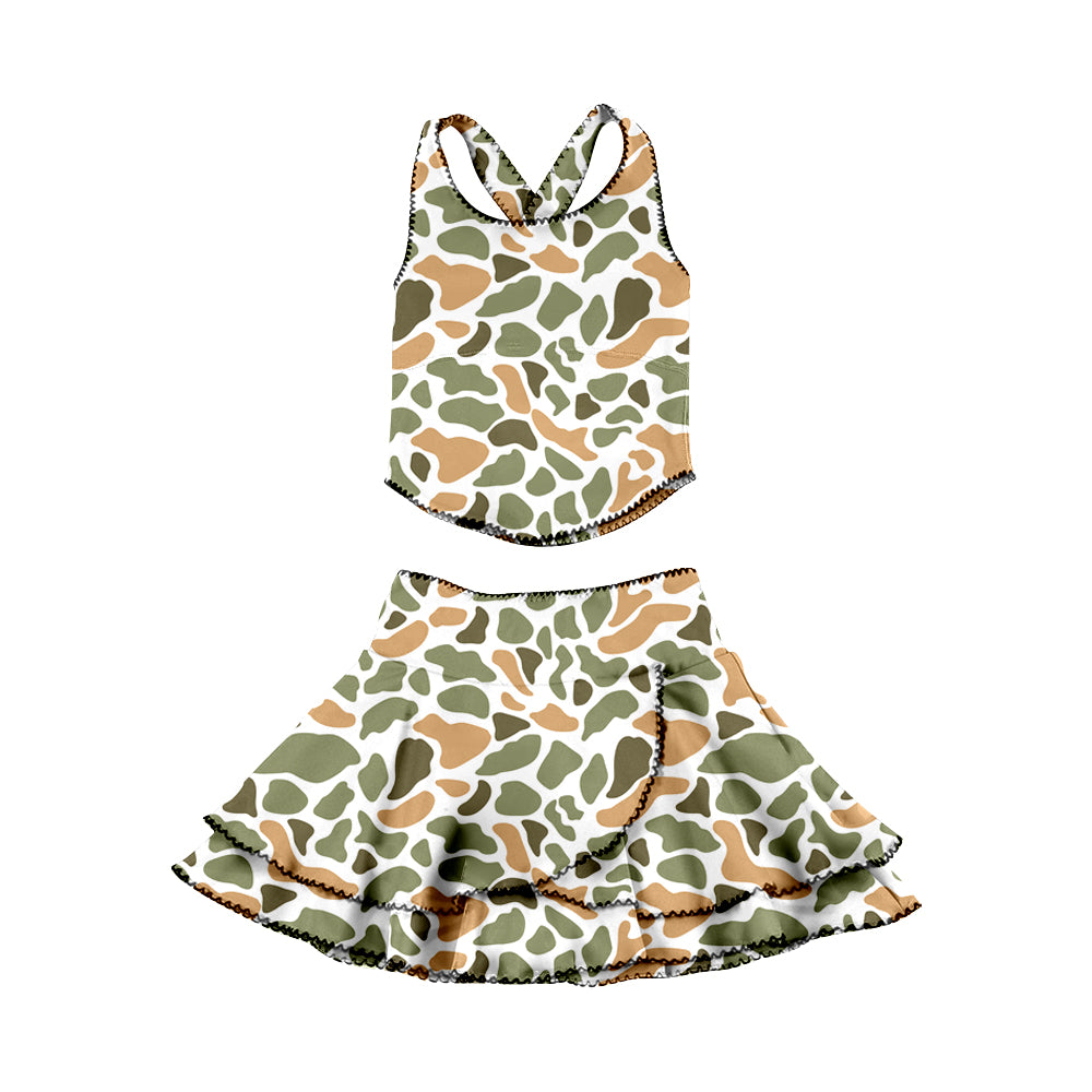 GSD3358 Baby Girls Green Camo Sleeveless Top With Ruffle Skirt Set Active Yoga Set Preorder
