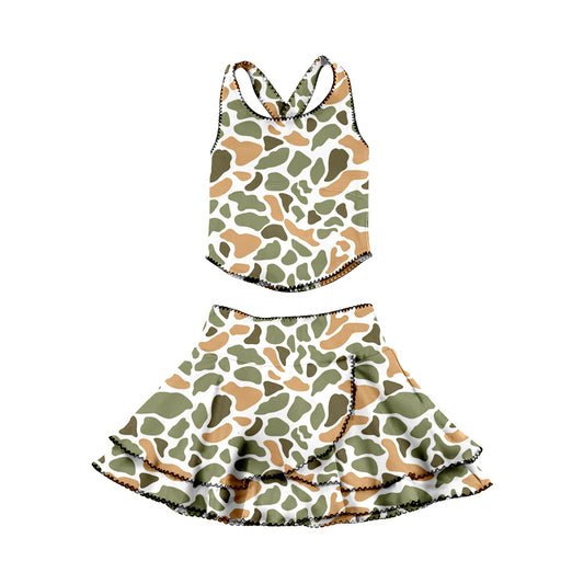 GSD3358 Baby Girls Green Camo Sleeveless Top With Ruffle Skirt Set Active Yoga Set Preorder