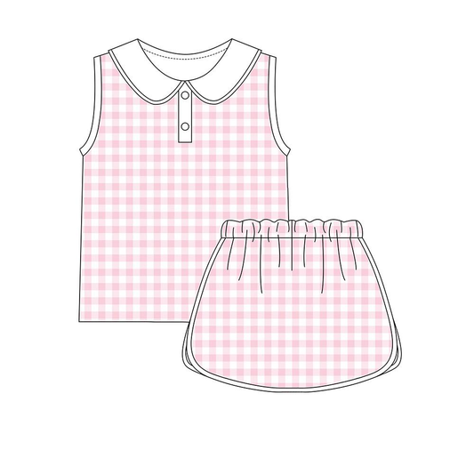 GSD3374 Baby Girls Pink Gingham Top With Bow SKirt Active Yoga Set
