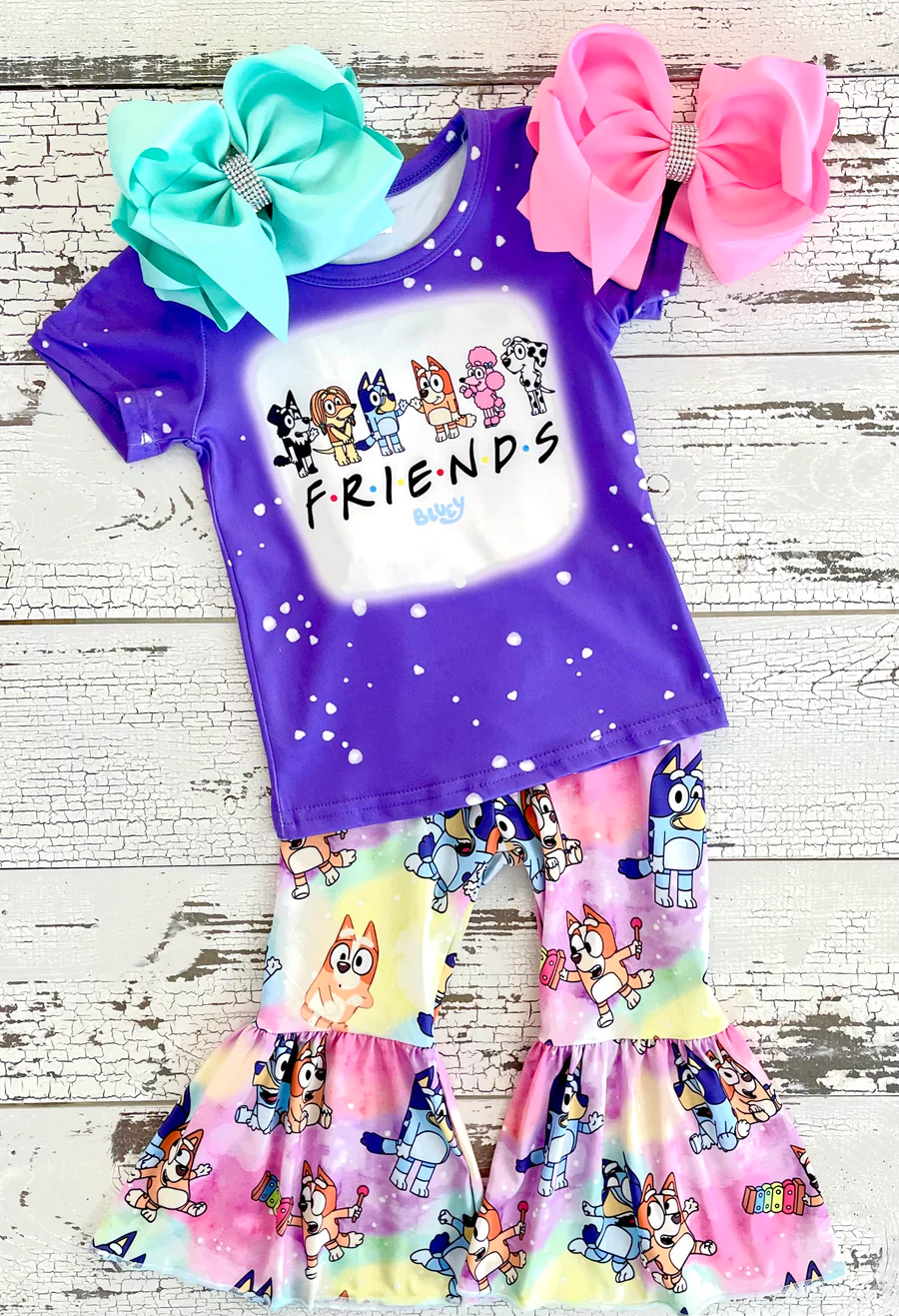 Purple Friends Blue Dog Bell Bottoms Outfit