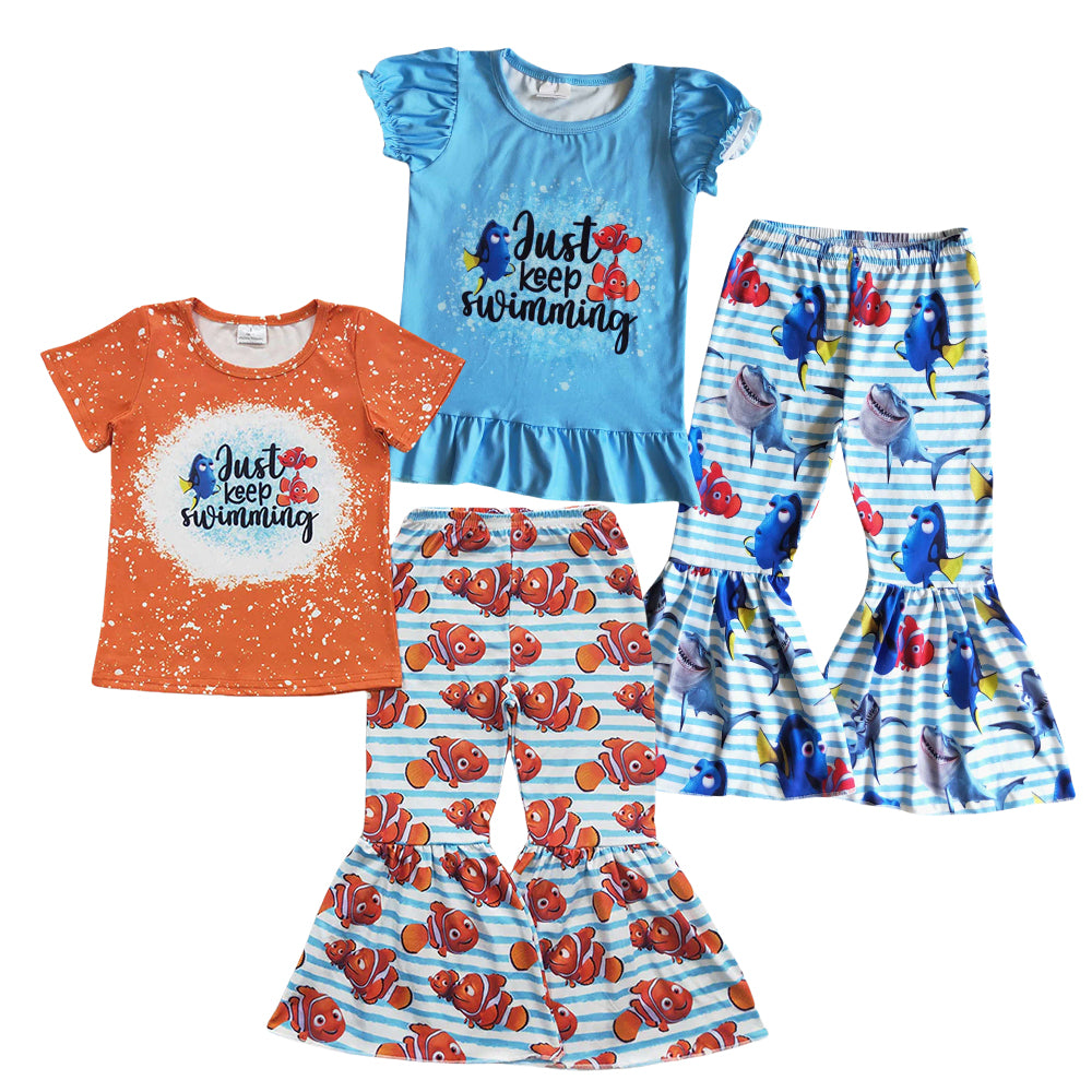 Sibling Baby Girls Cartoon Fish bell Bottom Pants Outfit
