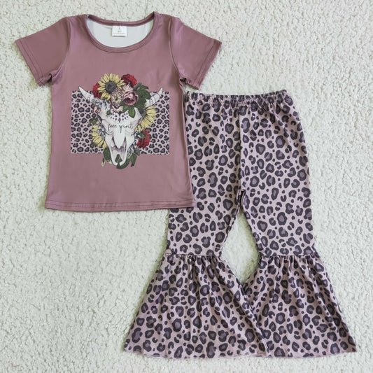 GSPO0152 Baby girls cow skull leopard pants clothes sets