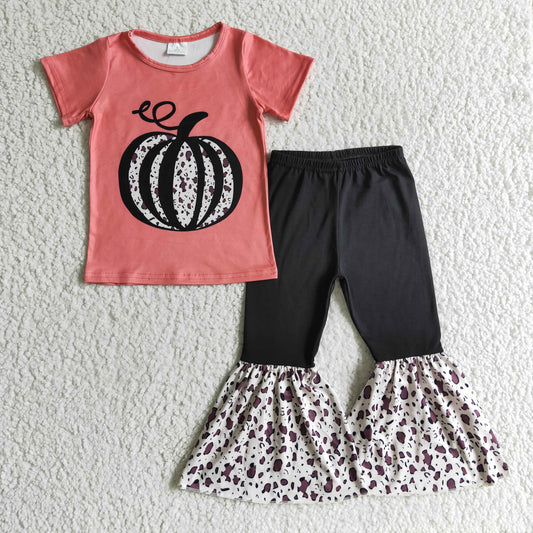 Baby Girls Leoaprd Pumpkin Top Bell Bottom Pants Outfit