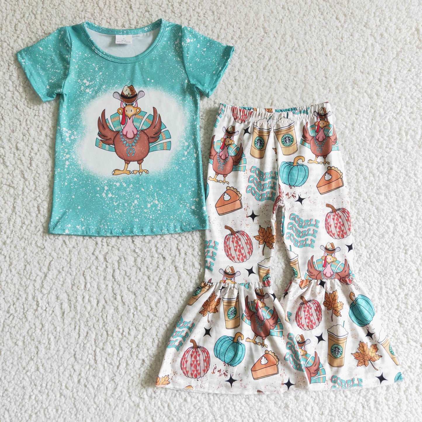 Baby Girls Thanksgiving Turkey Pumpkin Bell Bottom Pants Set Preorder