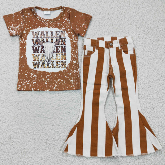 Baby Girls Wallen Top +Striped Bell Denim Pants Set