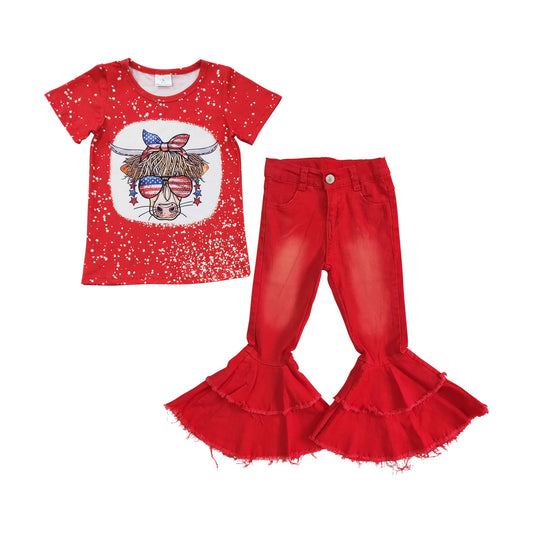 July 4th Red Hignland Cow Top Red Denim Pants Set