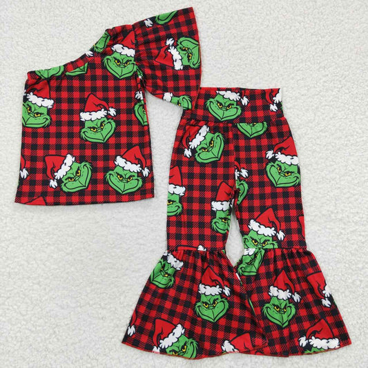 Baby Girls Christmas Character Print Checked off shoulder short sleeve bell bottom girl outfits