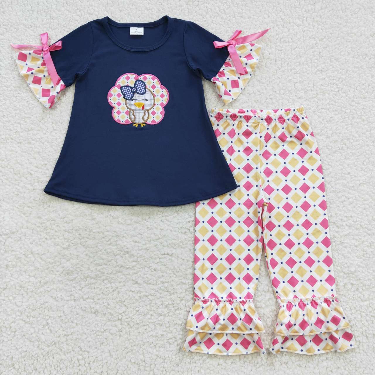 Baby Girls Sibling Embroidery Turkey Navy Outfit and Romper