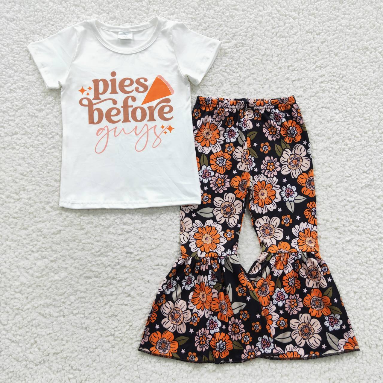 Sibling Baby Girls Fall Pumpkin Short Sleeve Top With Bell Bottom Pants Outfit