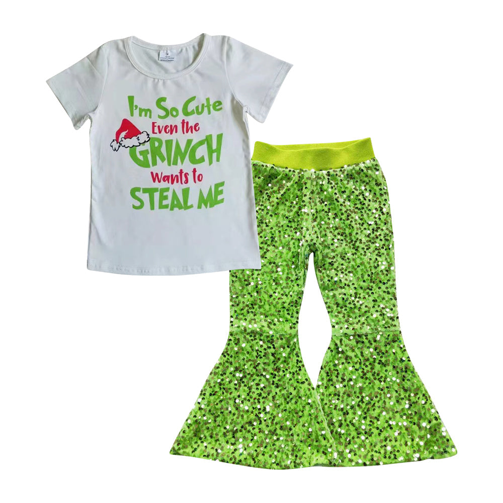 Baby Girls Christmas Green Cartoon Sequin Pants Clothing Set GSPO0721