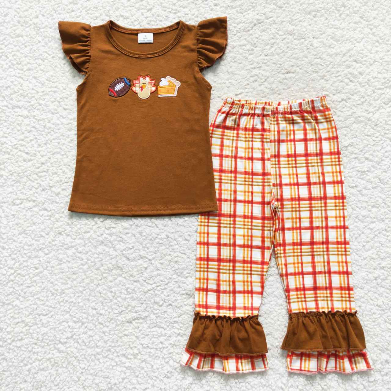 Sibling Girls Boys Thanksgiving Embroidery Football Turkey Short Sleeve Set and Romper