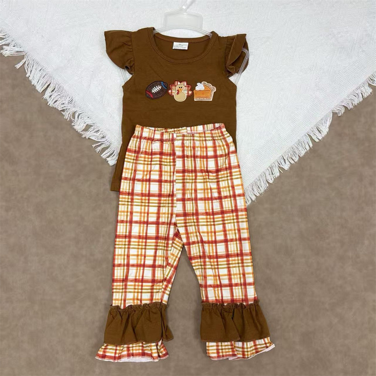 Applique Turkey Football Pie Thanksgiving Sibling Clothes Set /Romper