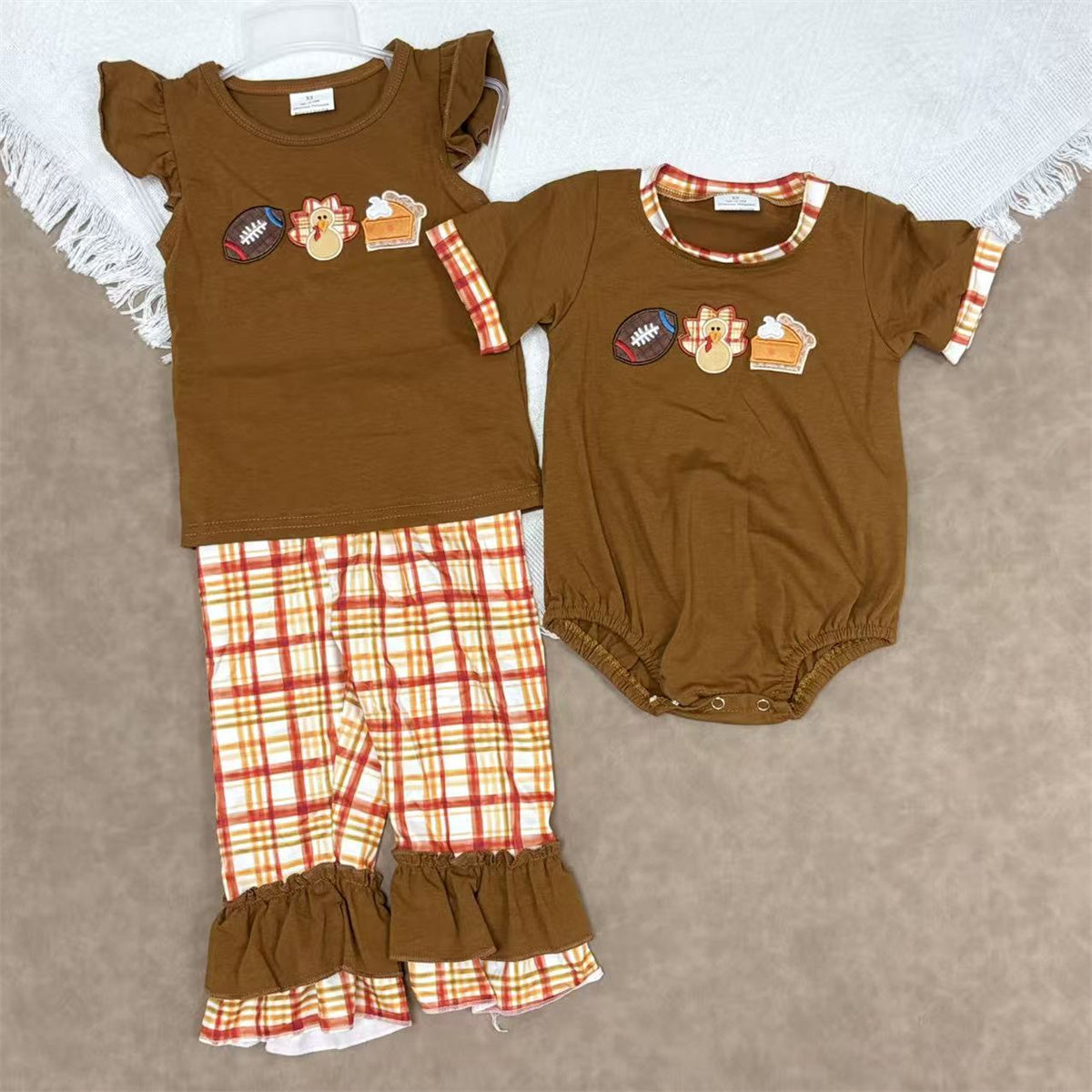 Applique Turkey Football Pie Thanksgiving Sibling Clothes Set /Romper