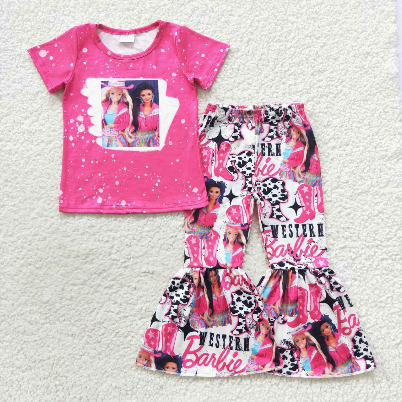 Baby Girls Pink Short Sleeve Top Western Doll Bell Pants Clothes Sets）