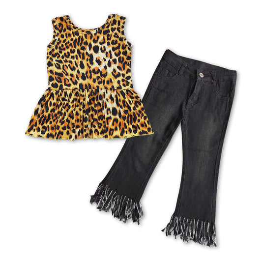 Kids Girls Leopard Top Black Denim Tassels Pants Outfit