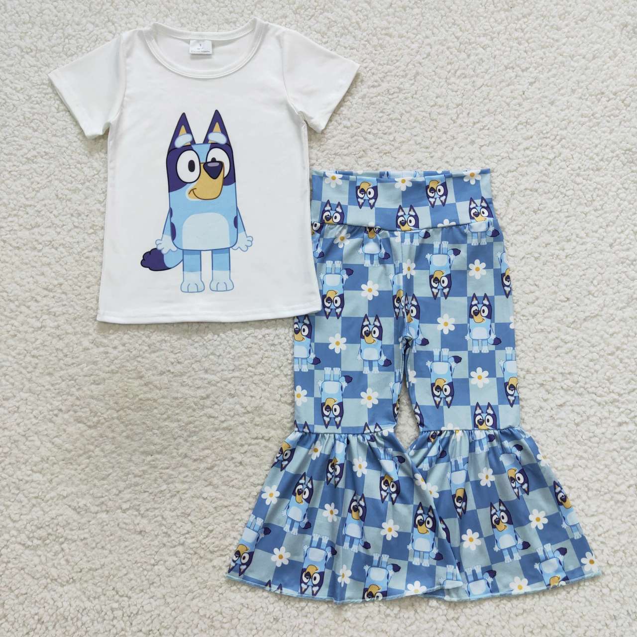 Cartoon Blue Dog Bell Bottom Pants Set