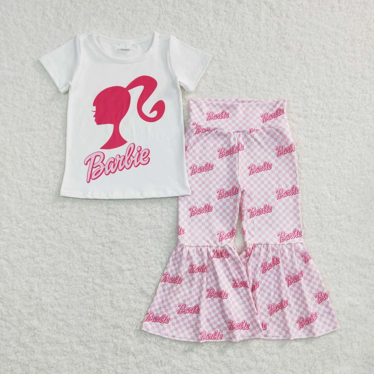 GSPO0876 Baby Girls White Doll Tops Pink Checkered Bell Pants Clothes Sets