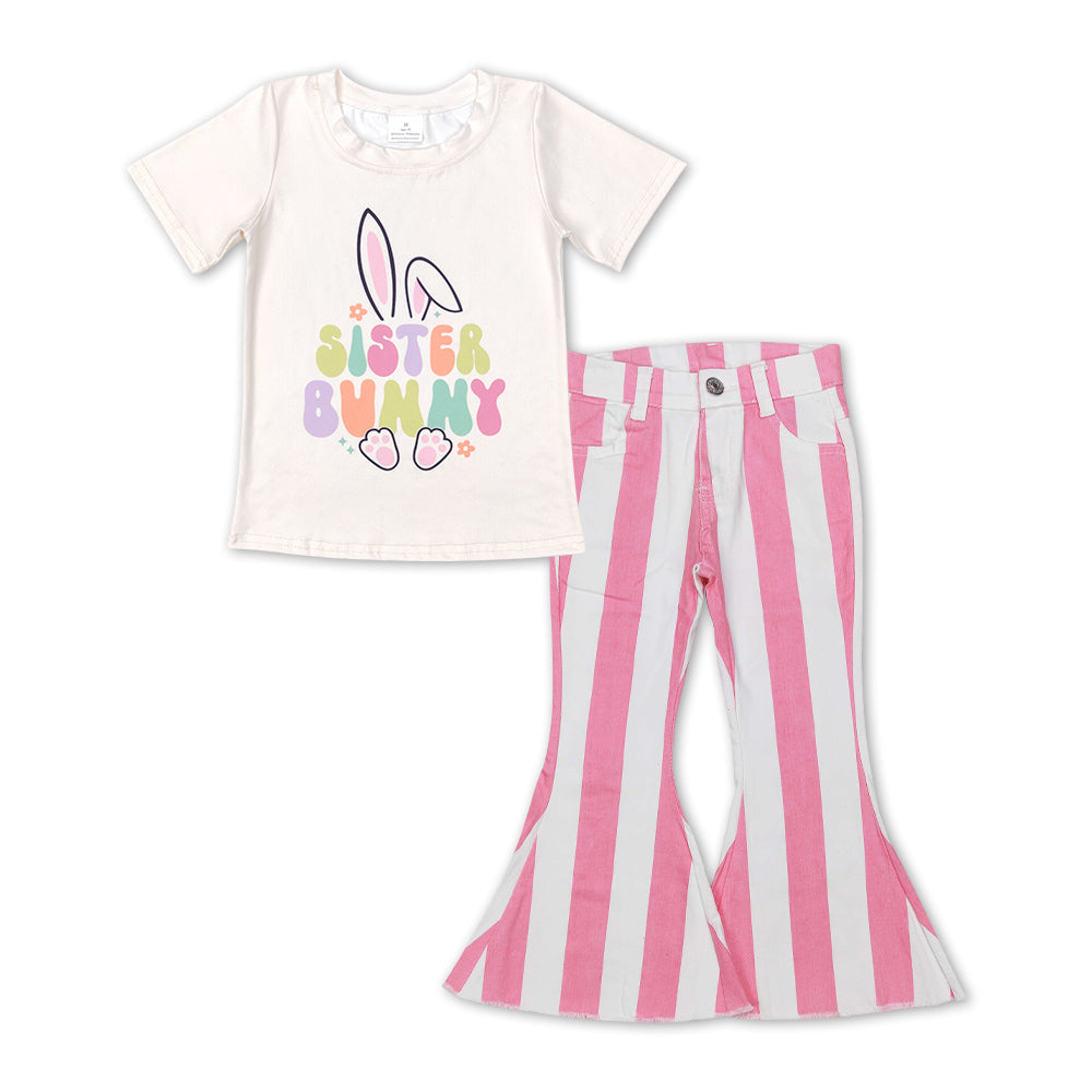 Sister Bunny Top Matching Pink Striped Denim Pants Outfit