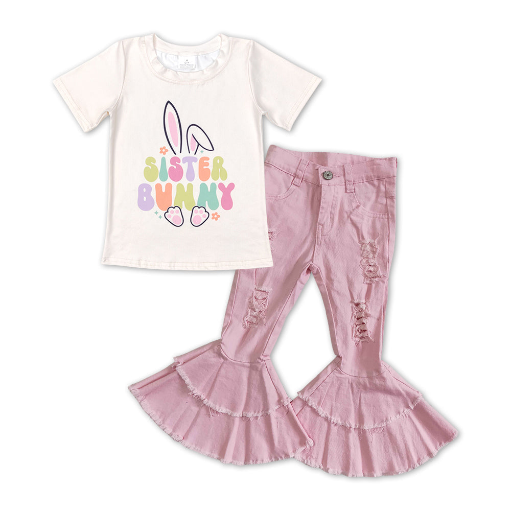 Sister Bunny Top Matching Pink Denim Pants Outfit