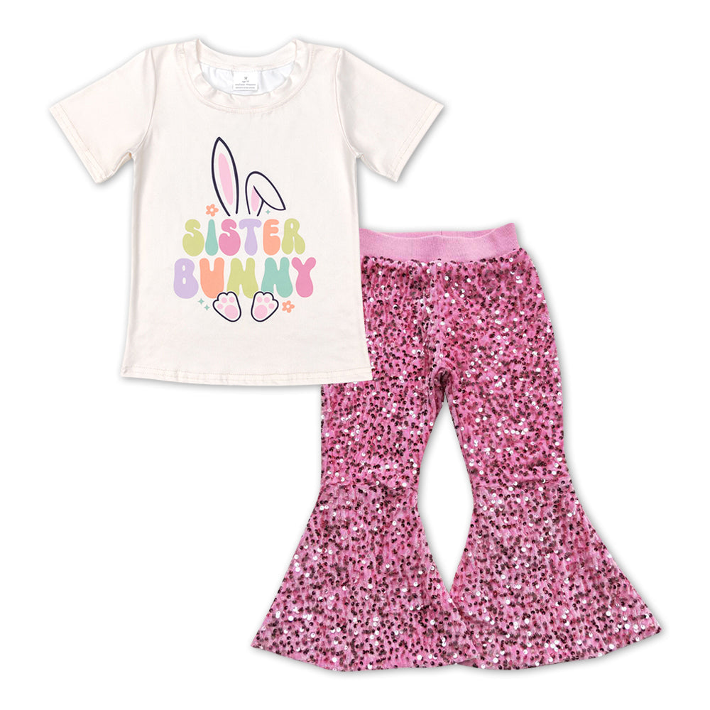 Girls Happy Easter Sister Bunny Top Pink Sequin Pants Set