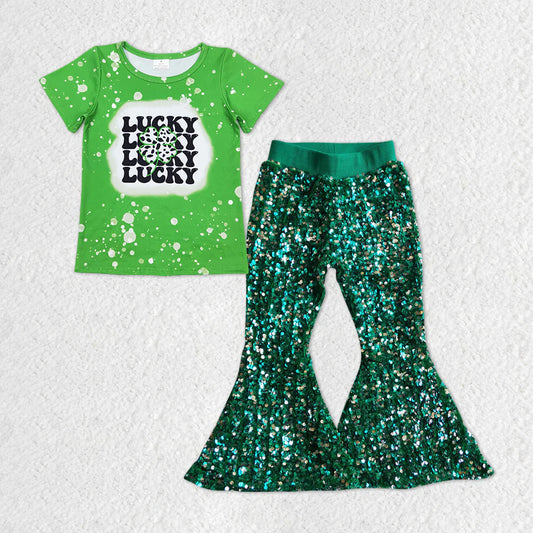 Baby Girls St. Patrick's Day Short Sleeve Lucky Top with Green Sequin Pants Outfit