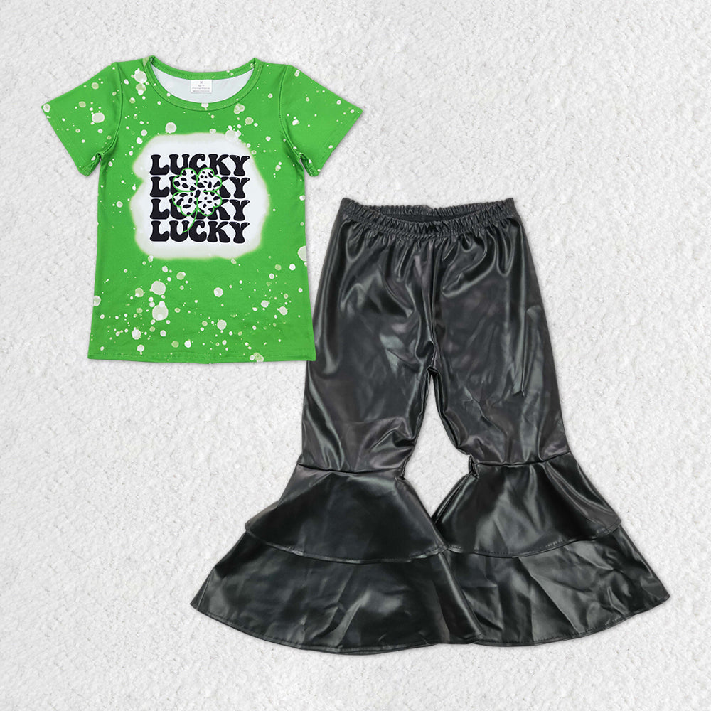 Lucky Top Matching Black Leather Bell Bottom Pants St Patrick Set