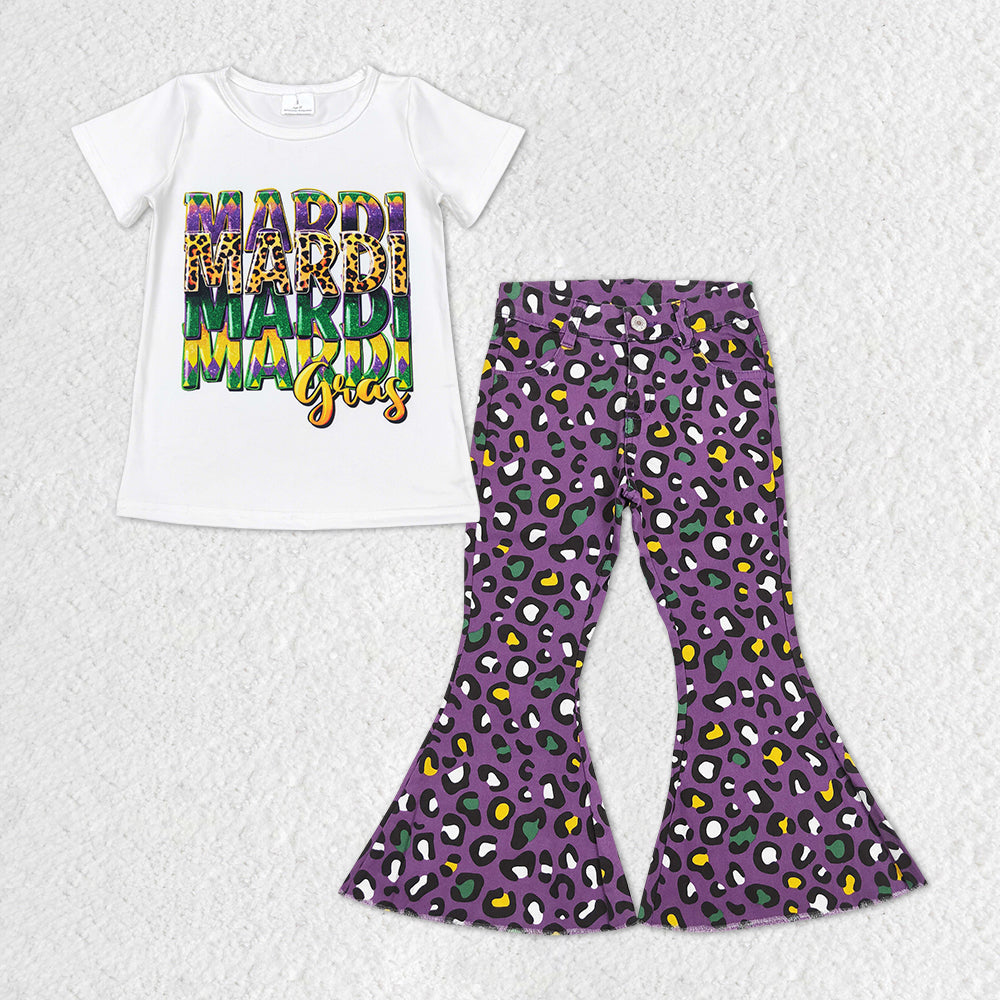 Kids Girls Mardi Gras Top Matching Purple Leopard Pants Outfit