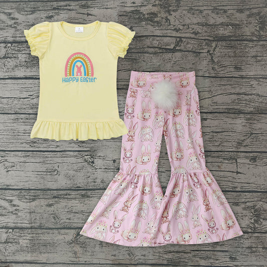 Baby Girls Easter Yellow Top Matching Bell Bottom Pants Outfit