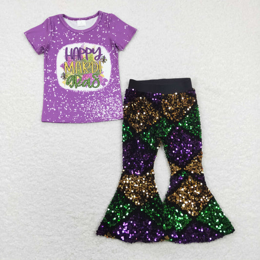 Purple Mardi Gras Top Sequin Bell Bottom Pants Outfit