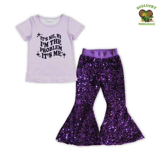 It's Me Hi I'm The Problem Top Matching Purple Sequin Pants Set
