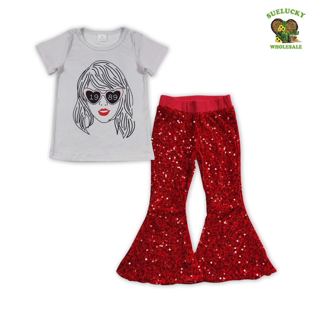 Fashion Girls Pop Singer Top Matching Red Sequin Pants Outfit