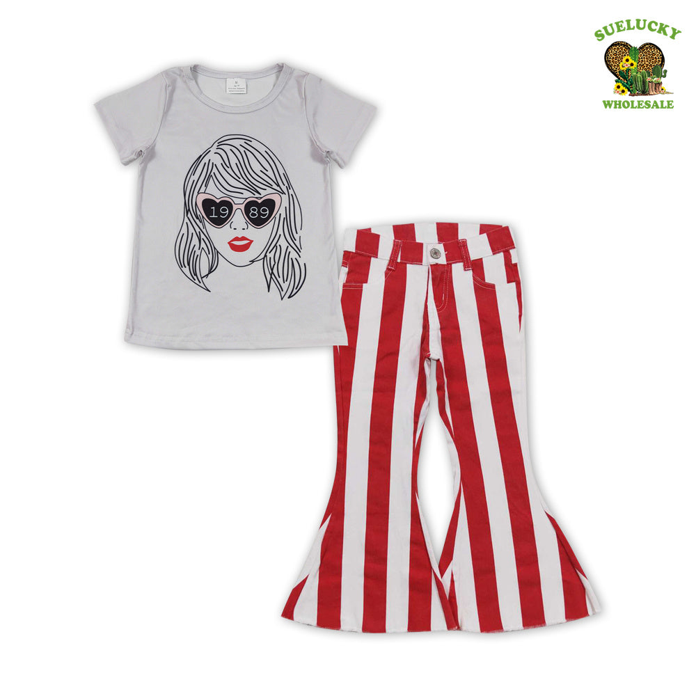 Baby Girls Pop  Singer Top Matching Red Striped Jeans Outfit